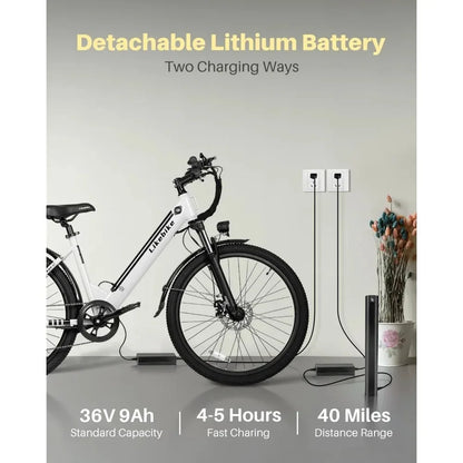 26" Electric Bike, UL 2849 Certified, with 350W Motor, 36V 9Ah Removable Battery, 20MPH E-bikes with 7-Speed & Front Suspension