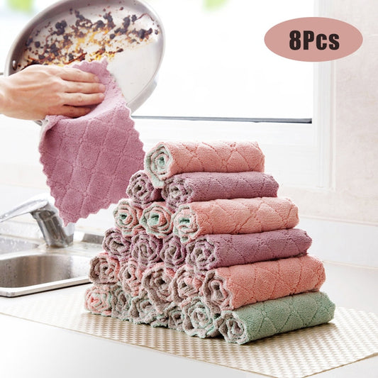 8PCS Microfiber Kitchen Towel Soft Absorbent Dish Towel Non-stick Oil Washing Kitchen Rag Tableware Household Cleaning Tools