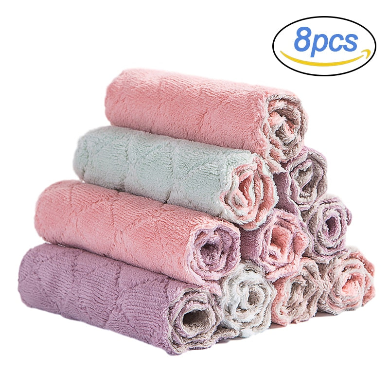 8PCS Microfiber Kitchen Towel Soft Absorbent Dish Towel Non-stick Oil Washing Kitchen Rag Tableware Household Cleaning Tools