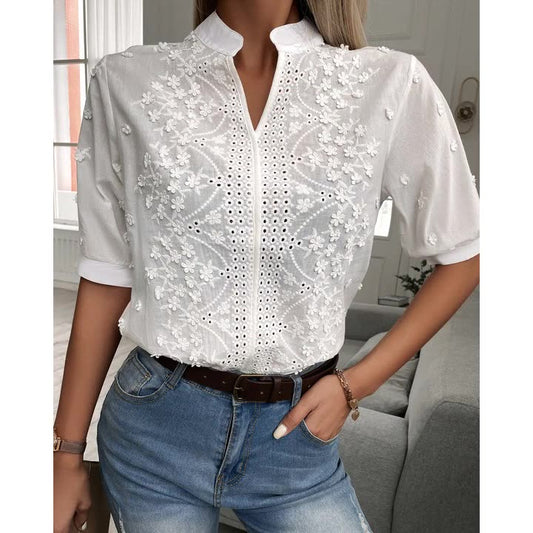 Cross-border 2022 summer European and American wish foreign trade Amazon women's new V-neck stand-up collar embroidered lace top shirt