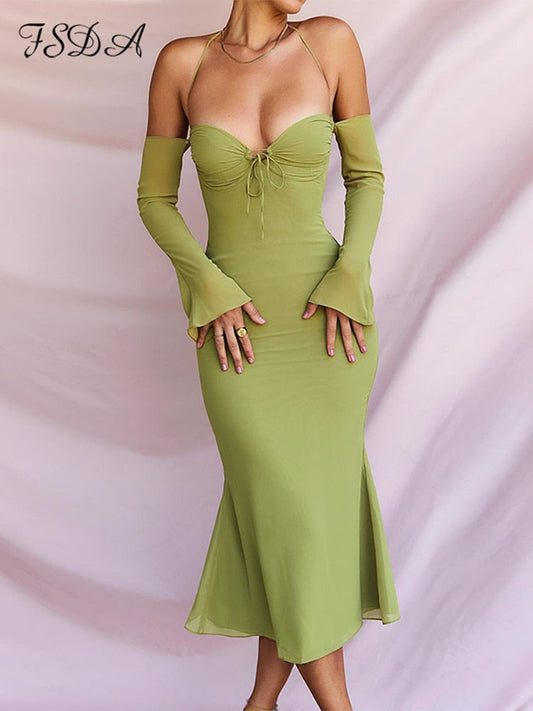 FSDA Elegant Green Midi Sexy Dress Women Halter Neck 2022 Summer Long Sleeve Backless Party Dresses Bodycon Club